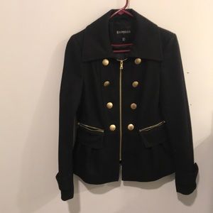 Express black pea coat with gold accents